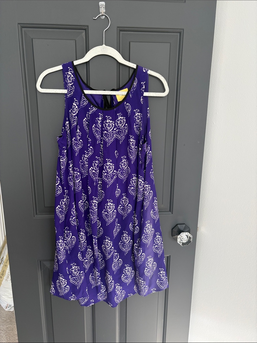 Maeve Purple Floral Scoop Neck Dress with Black Trim